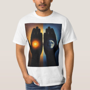 Camiseta ✋🌞🌙 Em Suas Mãos: Sol e Lua Segurados