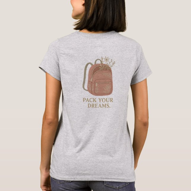 Camiseta Embale Seus Sonhos – Design de Mochila Boho (Verso)