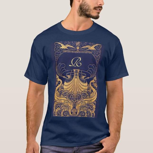 Camiseta Embarcação Antica,Golfinhos,Dourado,Monograma Azul (Frente)