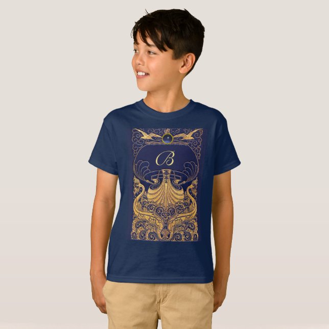 Camiseta Embarcação Antica,Golfinhos,Dourado,Monograma Azul (Frente Completa)