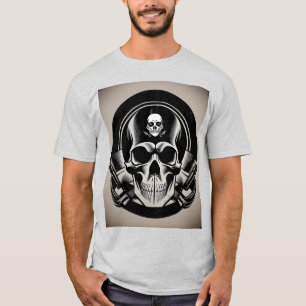 Camiseta Emblema de Caveira com Asas e Detalhes Ornamentais