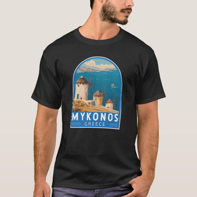 Camiseta Emblema de Viagem de Grécia do Mykonos (Frente)