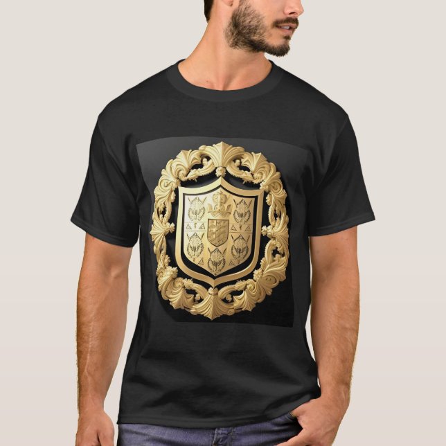 Camiseta Emblema do Ouro Elegante com Ornamentado Shield (Frente)