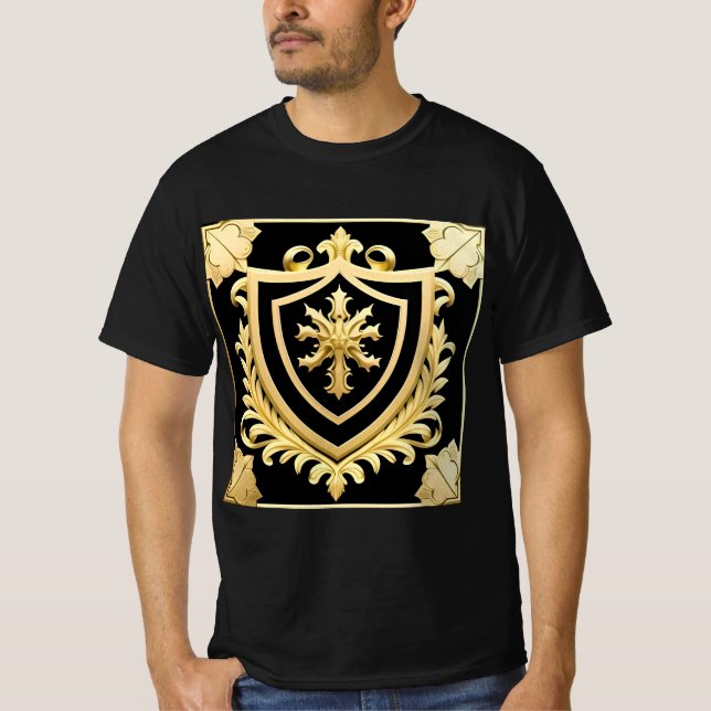 Camiseta Emblema do Ouro Elegante com Ornamentado Shield (Frente)