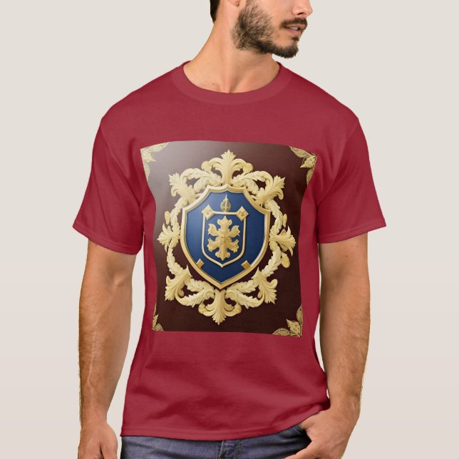 Camiseta Emblema do Ouro Elegante com Ornamentado Shield (Frente)