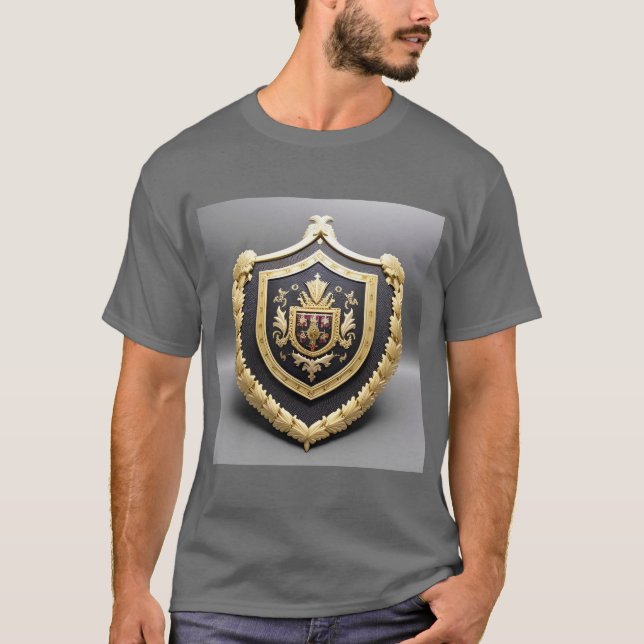 Camiseta Emblema do Ouro Elegante com Ornamentado Shield (Frente)