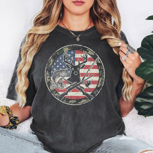 Camiseta Emblema Patriótico de Caçador e Pescador Americano
