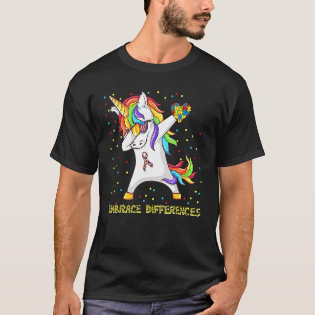 Camiseta Embrace Differences Unicorn Dabbing Puzzle Autism  (Frente)