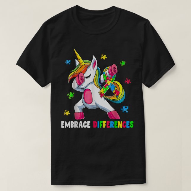 Camiseta Embrace Differences Unicorn - Embrace ADHD Autism  (Frente do Design)