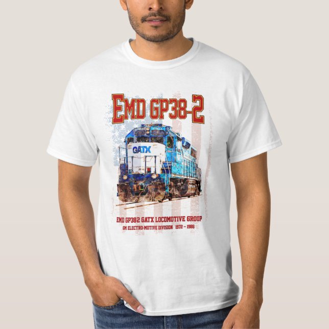 Camiseta EMD GP38-2 Locomotiva diesel e bandeira americana (Frente)