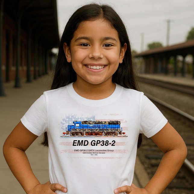 Camiseta EMD GP38-2 Locomotiva diesel e bandeira americana (EMD GP38-2 Diesel Locomotive GATX blue and white. Girl Basic T-Shirt)