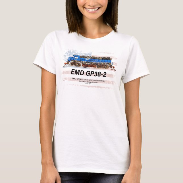 Camiseta EMD GP38-2 Locomotiva diesel e bandeira americana (Frente)