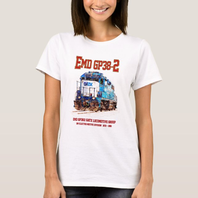 Camiseta EMD GP38-2 Locomotive diesel azul e branco GATX (Frente)
