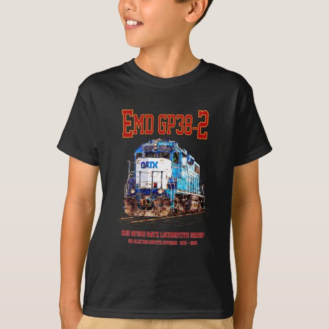 Camiseta EMD GP38-2 Locomotive diesel azul e branco GATX (Frente)