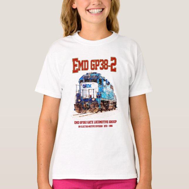 Camiseta EMD GP38-2 Locomotive diesel azul e branco GATX (Frente)