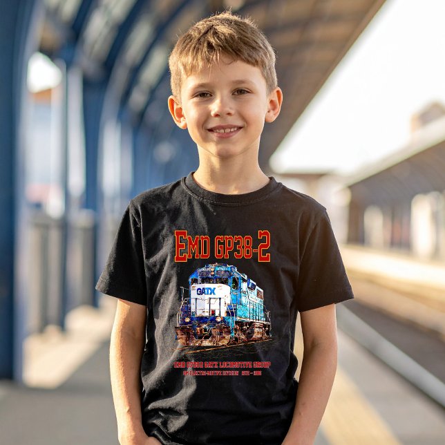 Camiseta EMD GP38-2 Locomotive diesel azul e branco GATX (EMD GP38-2 Diesel Locomotive GATX blue and white. Boy Basic T-Shirt)