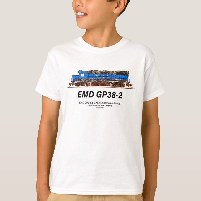 Camiseta EMD GP38-2 Locomotive diesel azul e branco GATX (Frente)
