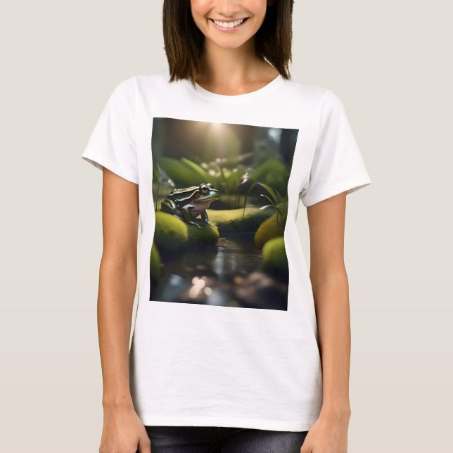 Camiseta Emerald Serenity: Um Sapo Verde perto do rio, (Frente)