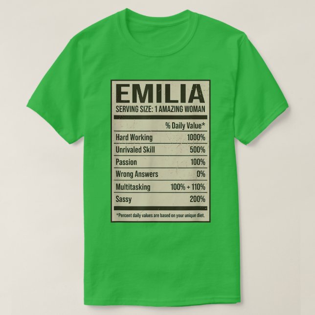 Camiseta Emilia Nutrition Facts Name Apelido Alias Título F (Frente do Design)