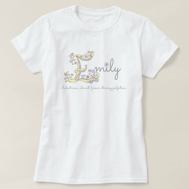 Camiseta Emily Girl chama significa E monograma corações (Frente do Design)