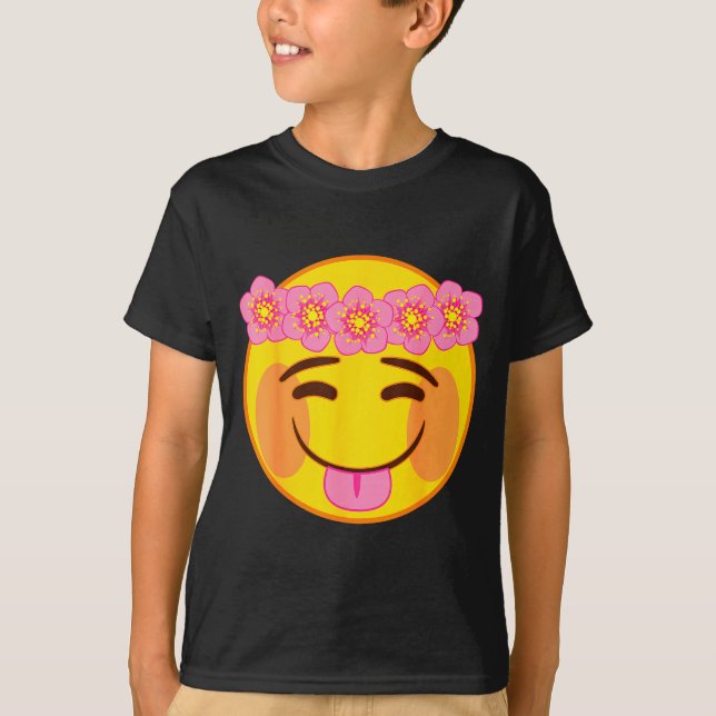 Camiseta Emoji Flower Crown Tongue Yellow Smile Face  (Frente)