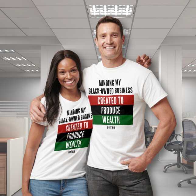 Camiseta Empresa de propriedade negra CRIADA A PRODUZIR RIQ (Stylish customizable Christian T-shirt for Black business owners. Shop the collection.)