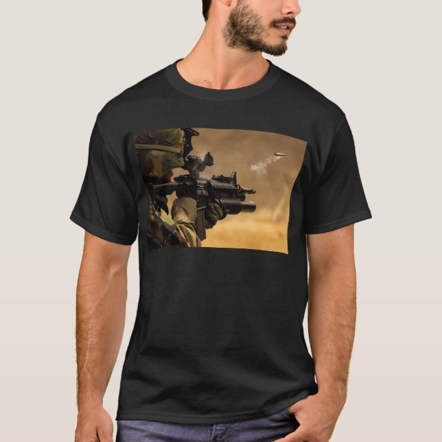 Camiseta Encaixotamento de Shell ateado fogo de um rifle (Frente)