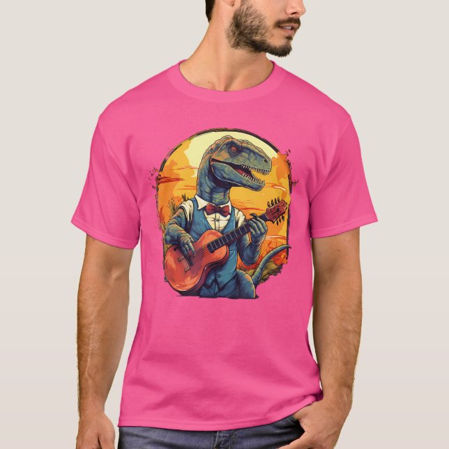 Camiseta Encantado T Rex Engraçado Com Violão Acústico Para (Frente)