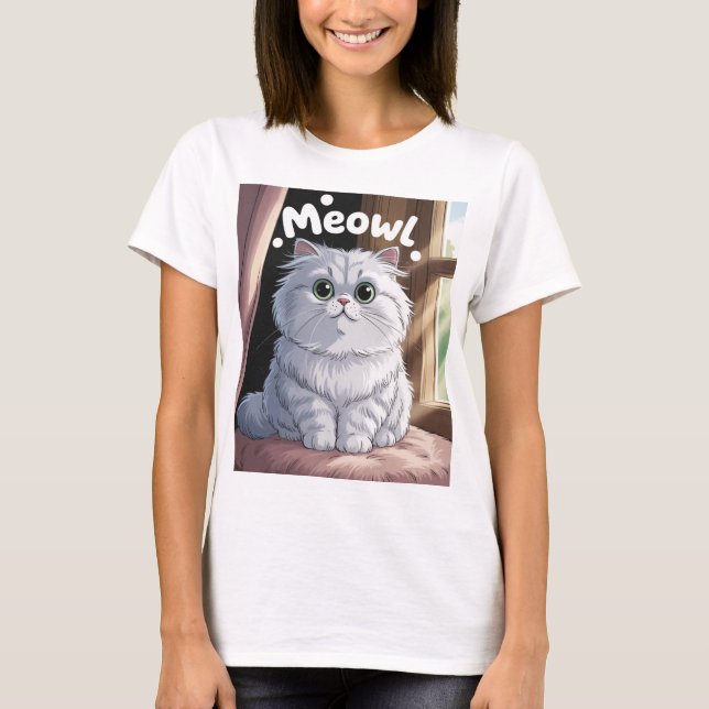 Camiseta Encantador Gato Persa Branco Branco "Miau!" Adesiv (Frente)