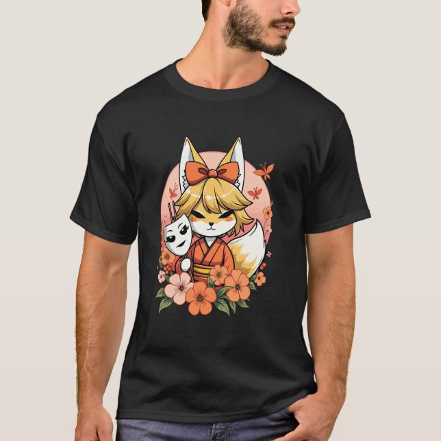 Camiseta Encanto de Kitsune com Máscara e Flores (Frente)