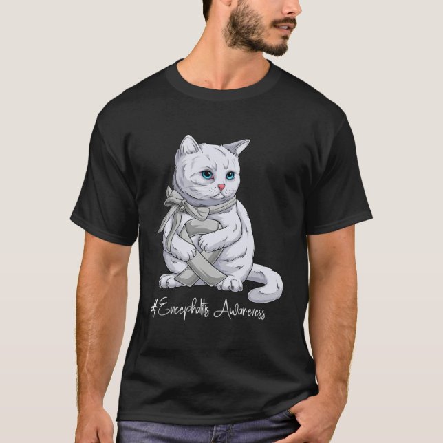 Camiseta Encephalitis Awareness Month Silver Ribbon Cat (Frente)