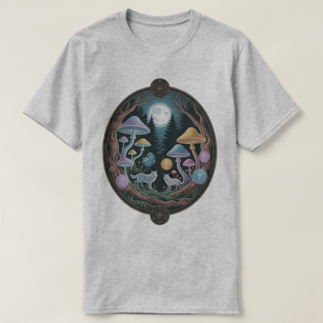 Camiseta Enchanted Moonlit Wolves and Psychedelic Mushrooms (Frente do Design)