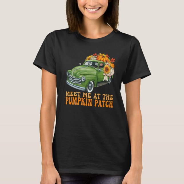 Camiseta Encontre-Me Na Pumpkin Patch Retro Groovy Fall Tru (Frente)
