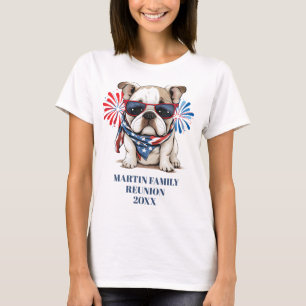 Camiseta Encontro de Família Bulldog Vermelho Azul 4 de Jul
