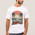 Camiseta Endless Summer Days Art Retro Tropical Beach<br><div class="desc">Celebrate the spirit of an eternal vacation with this "Endless Summer Days" vintage-inspired illustration. This high-impact graphic features a serene coastal landscape with a perfectly curling turquoise wave breaking onto a golden sandy shore. The scene is framed by two elegant palm tree silhouettes and a large, radiating sun set against...</div>