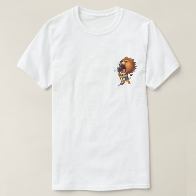 Camiseta Energetic Cartoon Lion Rocker Singing Loudly (Frente do Design)