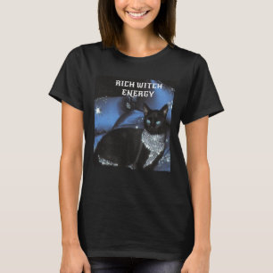 Camiseta Energia de Bruxa Rica de Halloween Gato Preto Glam