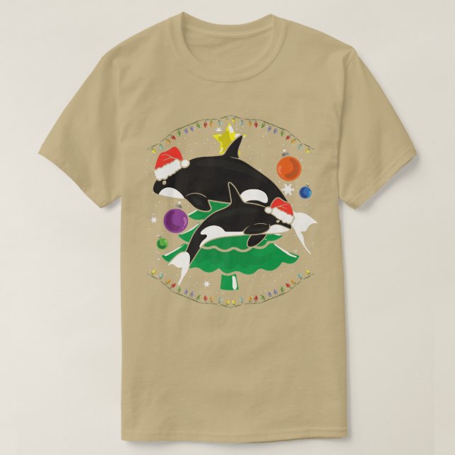 Camiseta Enfeite de árvore de Natal da família de orcas (Frente do Design)