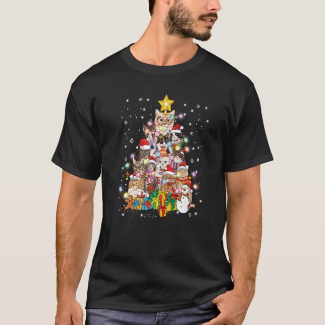 Camiseta Enfeite de Luzes de Árvore de Natal Gato (Frente)