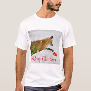 Camiseta Enfeite de Natal de Caça à Raposa Vermelha na Neve
