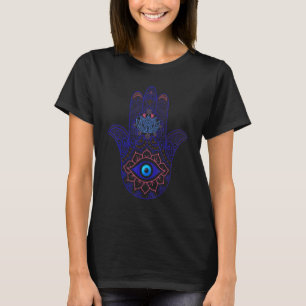 Camiseta Enfeite Olho Gordo Azul Símbolo Hamsa Mão de Fatim