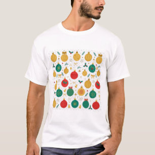 Camiseta Enfeites de Natal Bolas Douradas Vermelhas Padrão