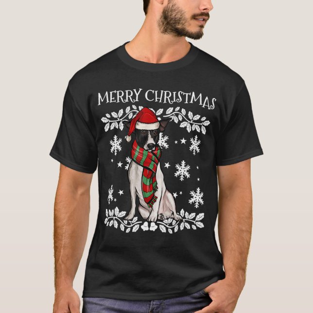 Camiseta Enfeites de natal de Papais noeis Rat Terrier Xmas (Frente)