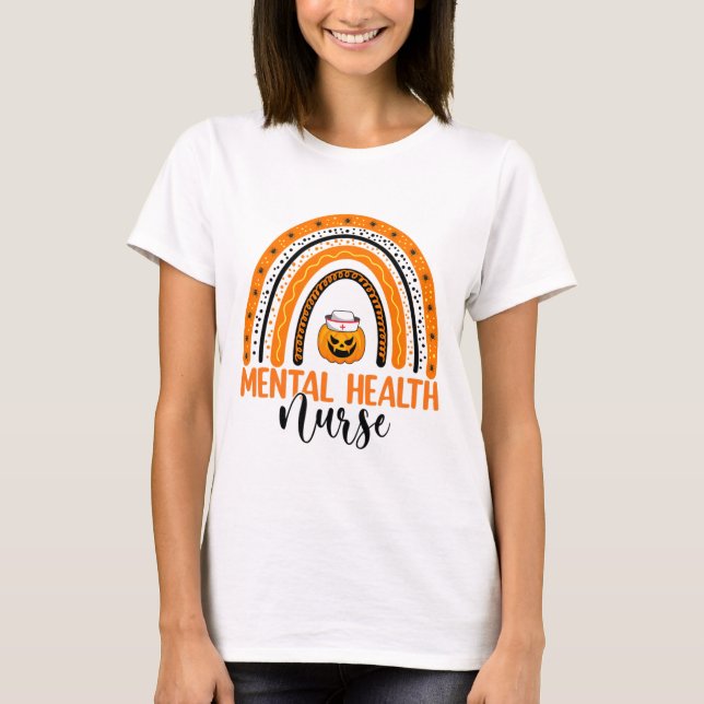Camiseta Enfermagem Halloween Pumpkin Rainbow Mental Health (Frente)