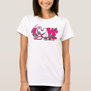 Camiseta Enfermeira Amor Rosa Floral Estetoscópio Profissio