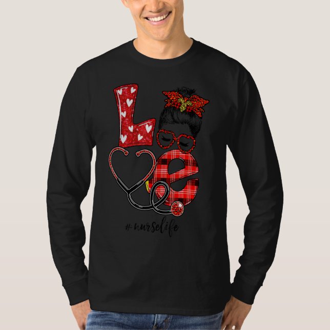 Camiseta Enfermeira Amor Stethoscope Xadrez Leopard Messy B (Frente)