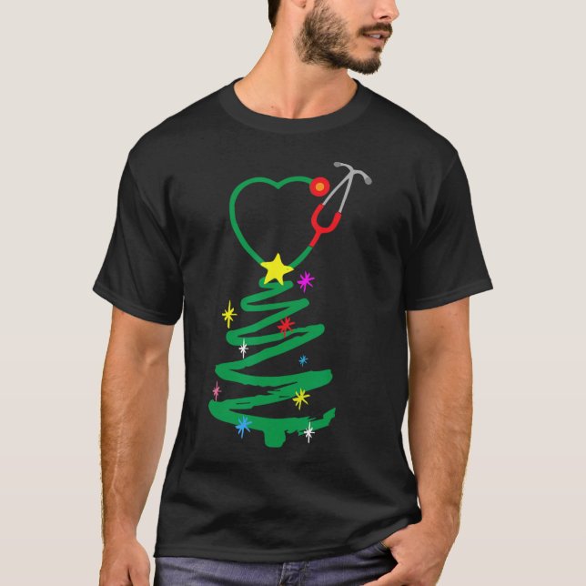 Camiseta Enfermeira Árvore de Natal Enfermeira Estetoscópio (Frente)