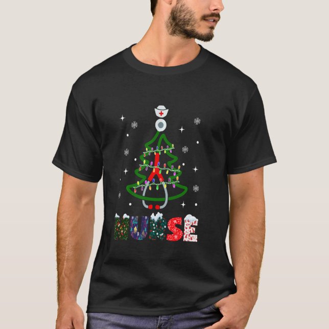 Camiseta Enfermeira Árvore de Natal Estetoscópio Enfermando (Frente)