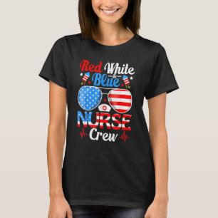 Camiseta Enfermeira Azul Vermelho Tripulação Sol 4 De Julho