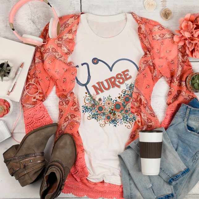 Camiseta Enfermeira Bastante Floral Estetoscópio Inspirivid (Criador carregado)
